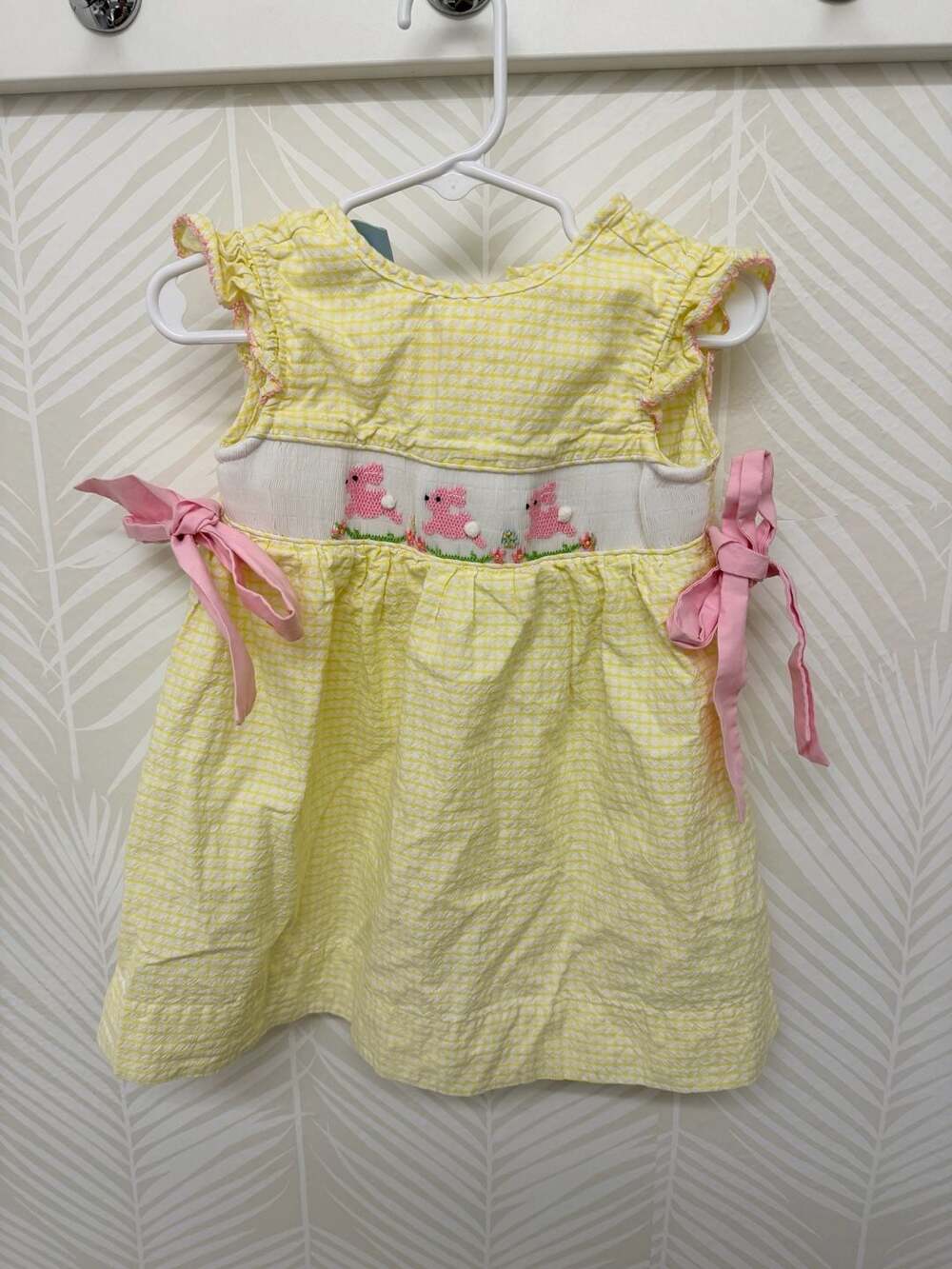 Classic Whimsy Yellow Gingham Smocked Easter Bunny Dress